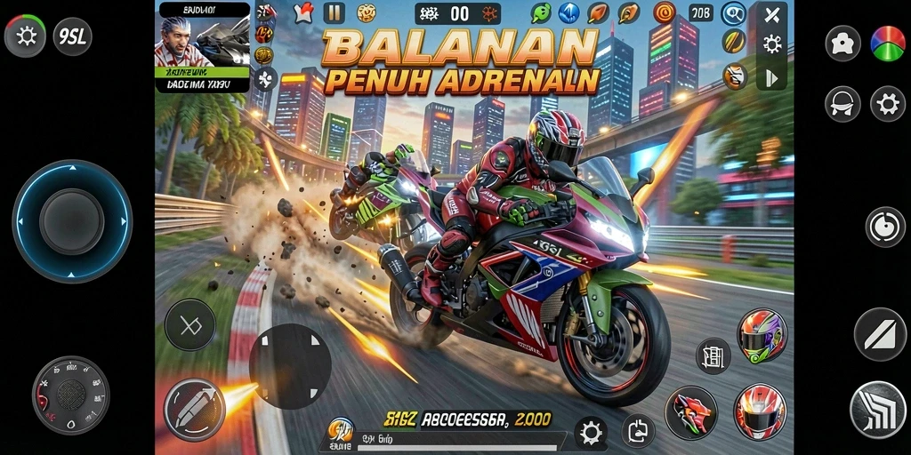 Tangkapan layar gameplay 9SL dengan aksi balapan motor yang seru.
