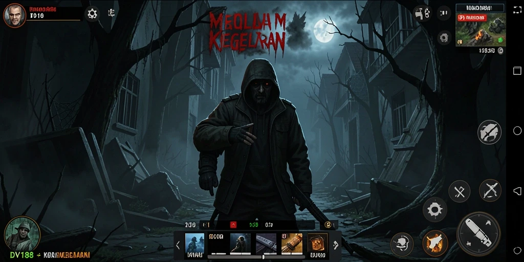 Screenshot utama menampilkan karakter dalam kegelapan, dikelilingi oleh makhluk menyeramkan.