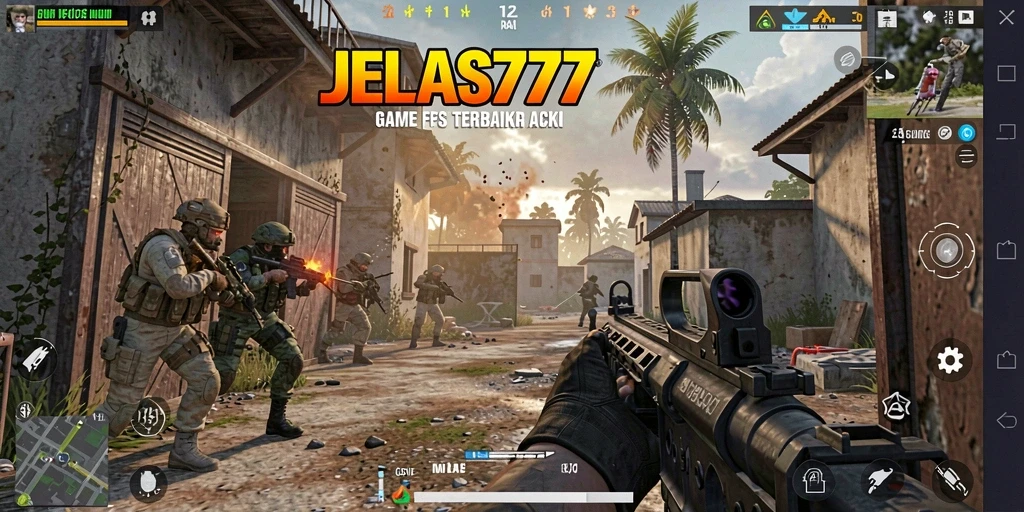 Tampilan gameplay aksi intens dari JELAS777 dengan berbagai senjata.