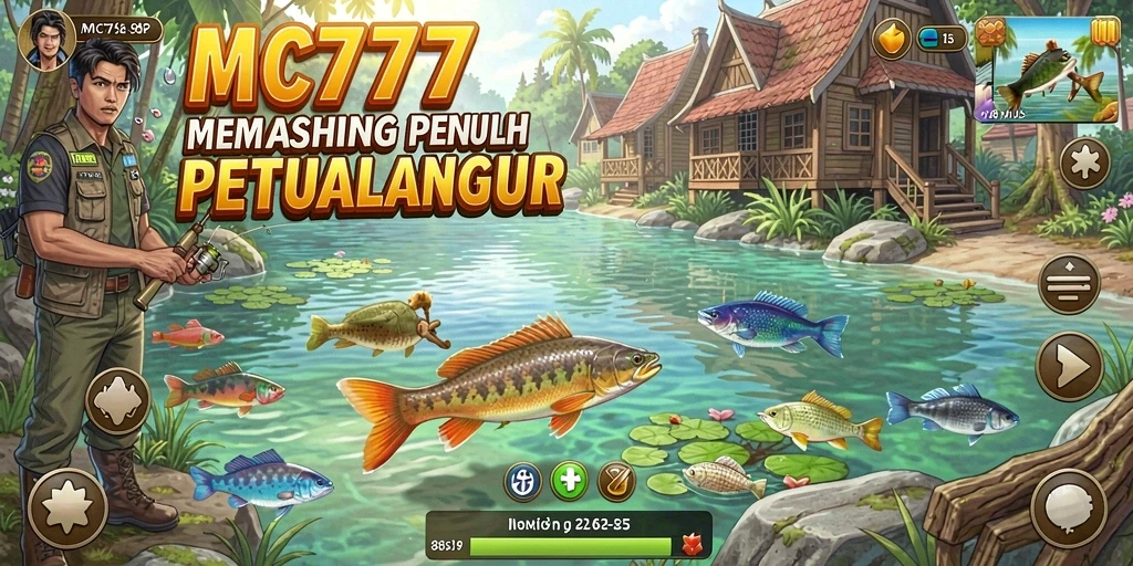 Screenshot gameplay MC777 menampilkan aksi memancing yang mendebarkan.