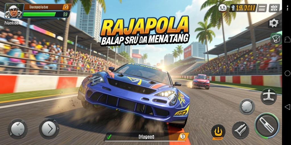 Tampilan gameplay menegangkan di RAJAPOLA dengan mobil balap cepat.