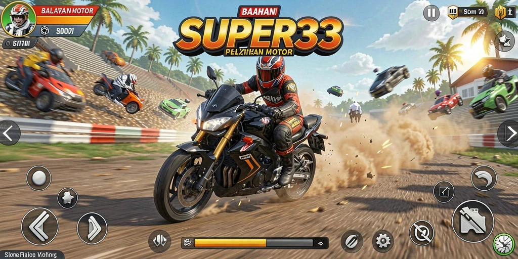 Screenshot utama SUPER33 menampilkan aksi balapan motor yang mendebarkan.