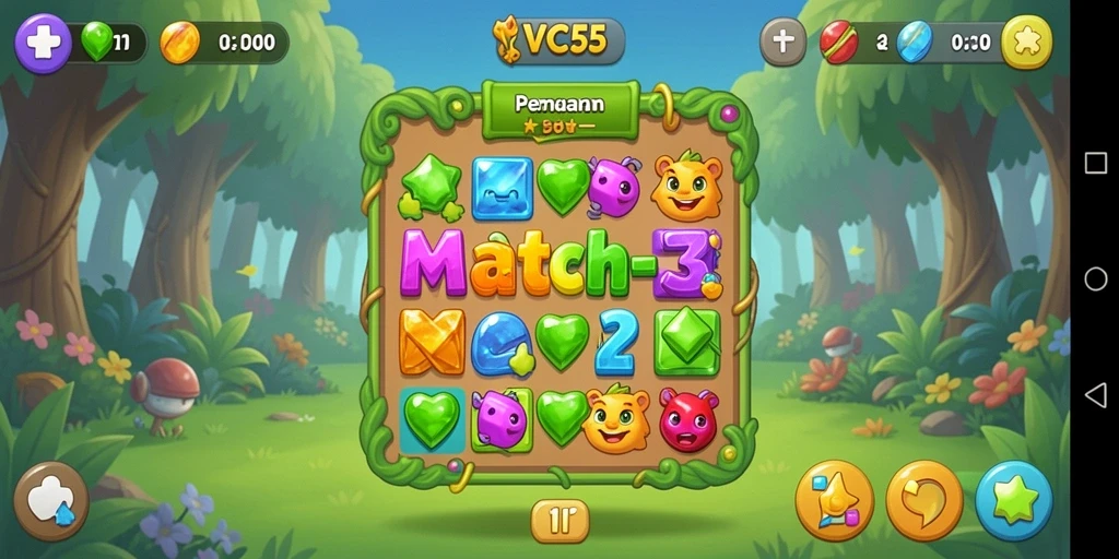 Screenshot gameplay VC55 dengan tampilan objek Match-3 yang ceria.
