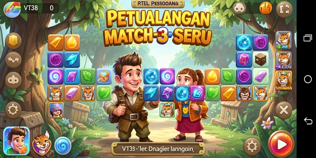 Menampilkan gameplay seru VT38 dengan berbagai puzzle Match-3.
