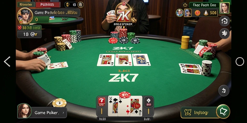 Screenshot ZK7 menampilkan gameplay poker yang seru dan dinamis.